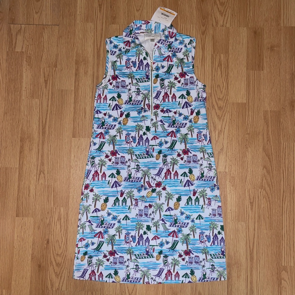 NWT Cappagallo Sleeveless Aqua Beach Print Collared Quarter Zip Dress Size Small